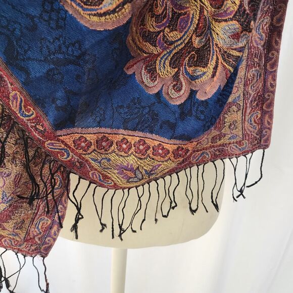 Pashmina Shawl Scarf Large Wool Blend Soft Blue Gold Tan Reversible Travel - Picture 4 of 9